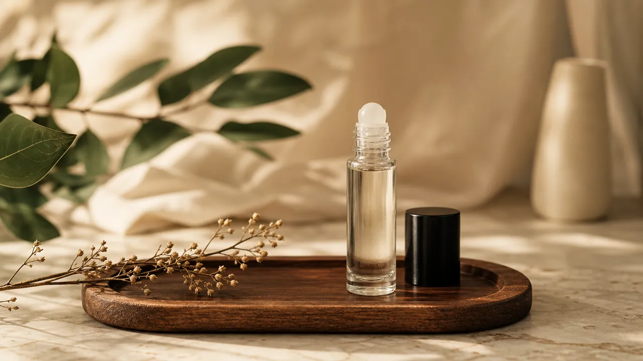 Amber glass roll-on bottle on a sunny windowsill