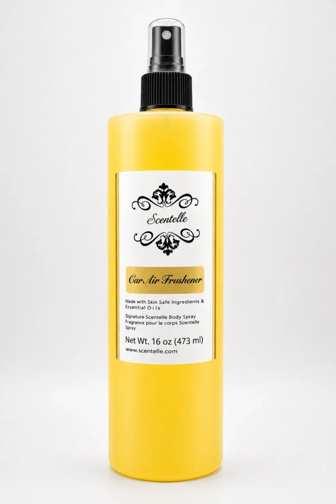 Scentelle 16 oz car air freshener in an opaque bottle with yellow liquid and a black spray pump.