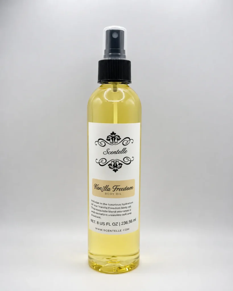 Scentelle 8 oz car air freshener in a clear bottle with yellow liquid and a black spray pump.