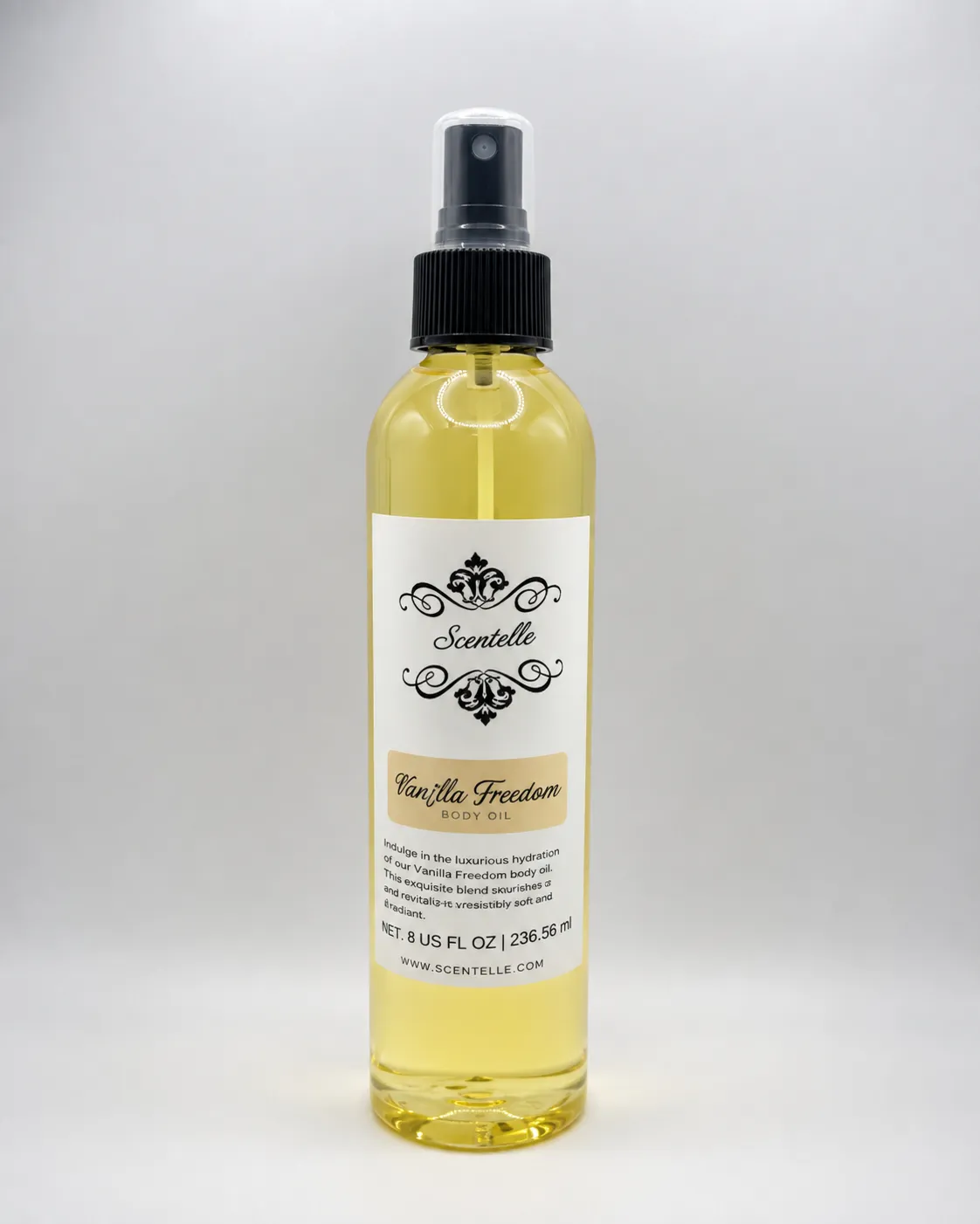 Scentelle 8 oz car air freshener in a clear bottle with yellow liquid and a black spray pump.