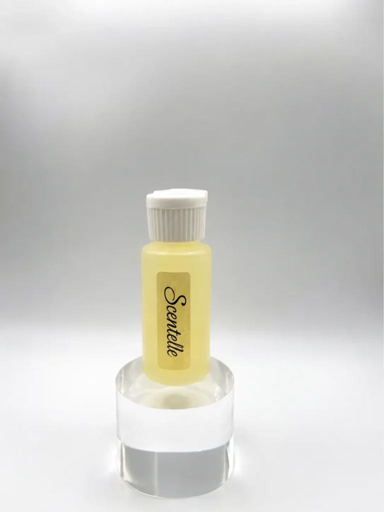 Scentelle 1 oz plastic body oil in a frosted squeezable bottle with a white ribbed flip-top cap.