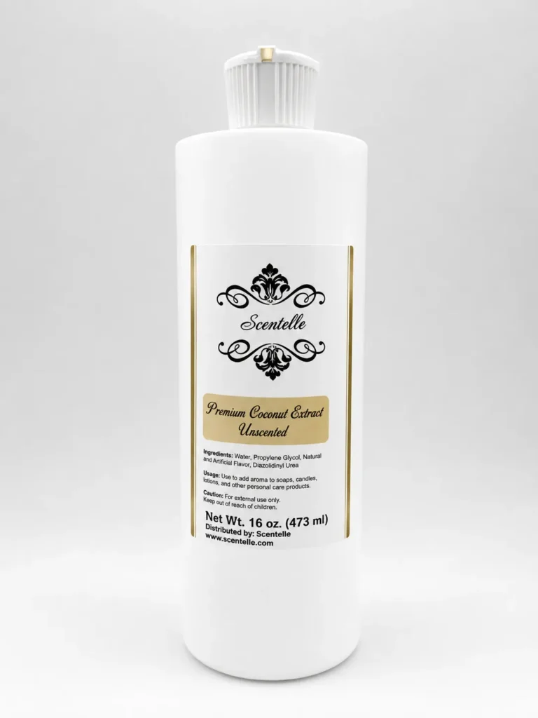 Scentelle 16 oz unscented premium coconut extract in an opaque white plastic bottle with a white flip cap.