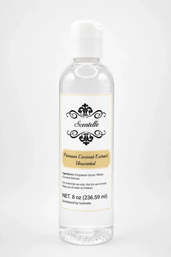 Scentelle 8 oz unscented premium coconut extract in a clear plastic bottle with a white flip cap.