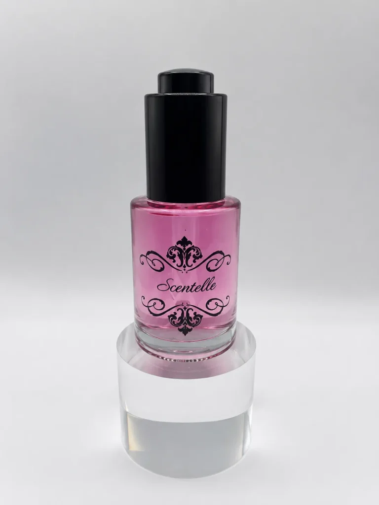 Scentelle 1 oz push-button dropper body oil in a glass bottle with pink liquid and a black dropper cap.