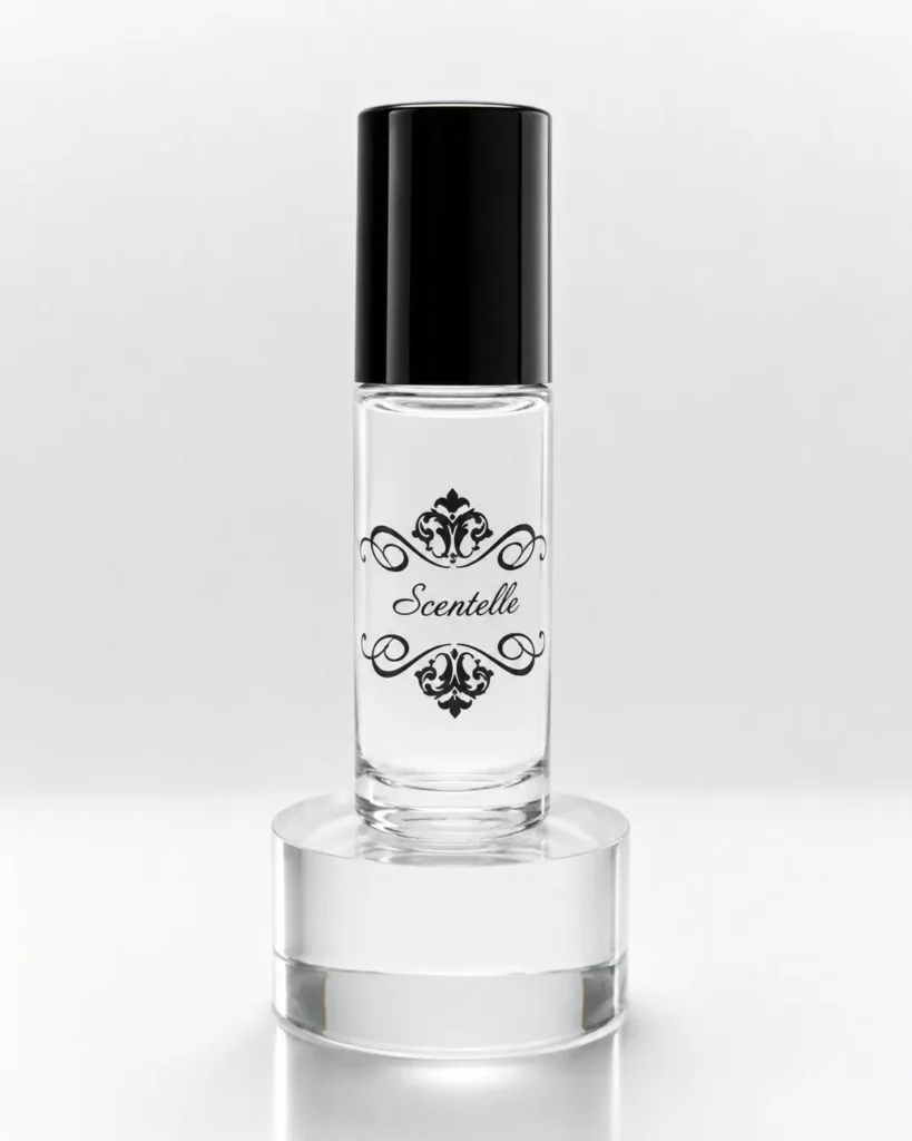 Scentelle 1 oz roll-on perfumed body oil in a thick glass bottle with clear liquid, a black cap, and an ornate logo.