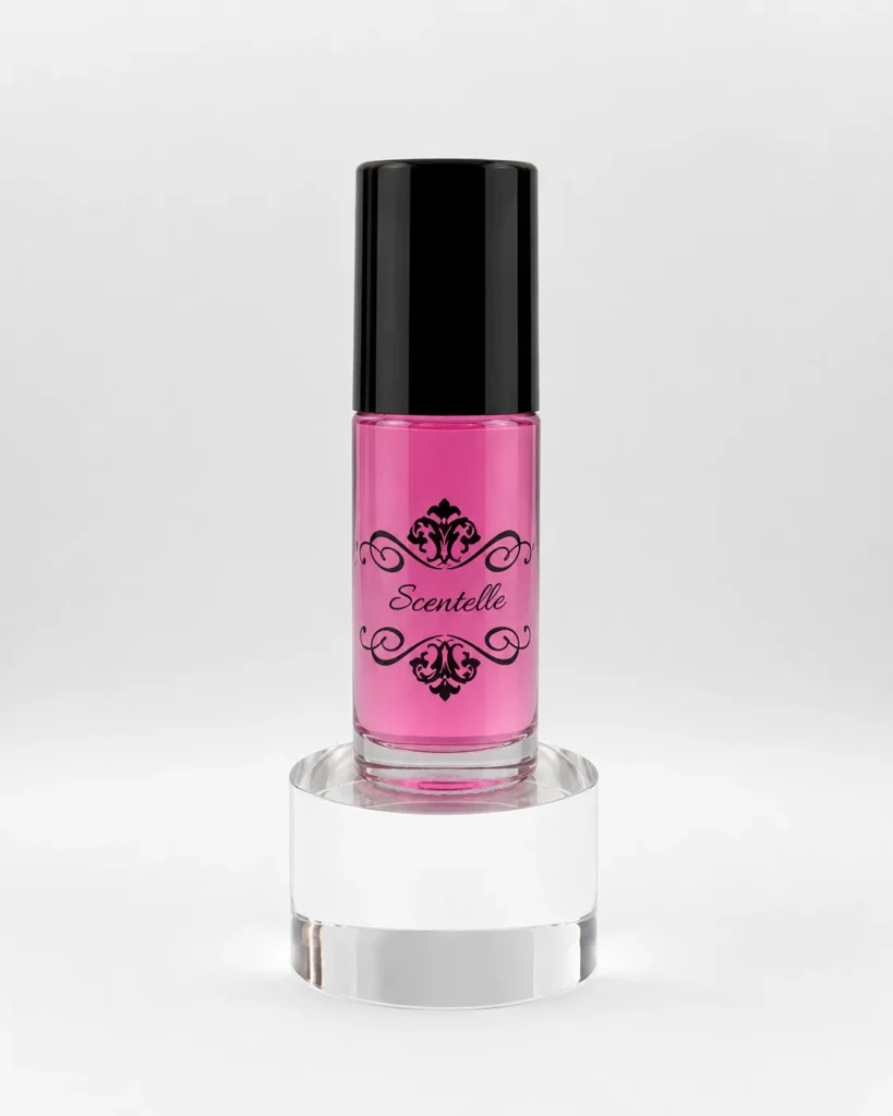 Scentelle 1 oz roll-on perfumed body oil in a thick glass bottle with pink liquid, a black cap, and an ornate logo.
