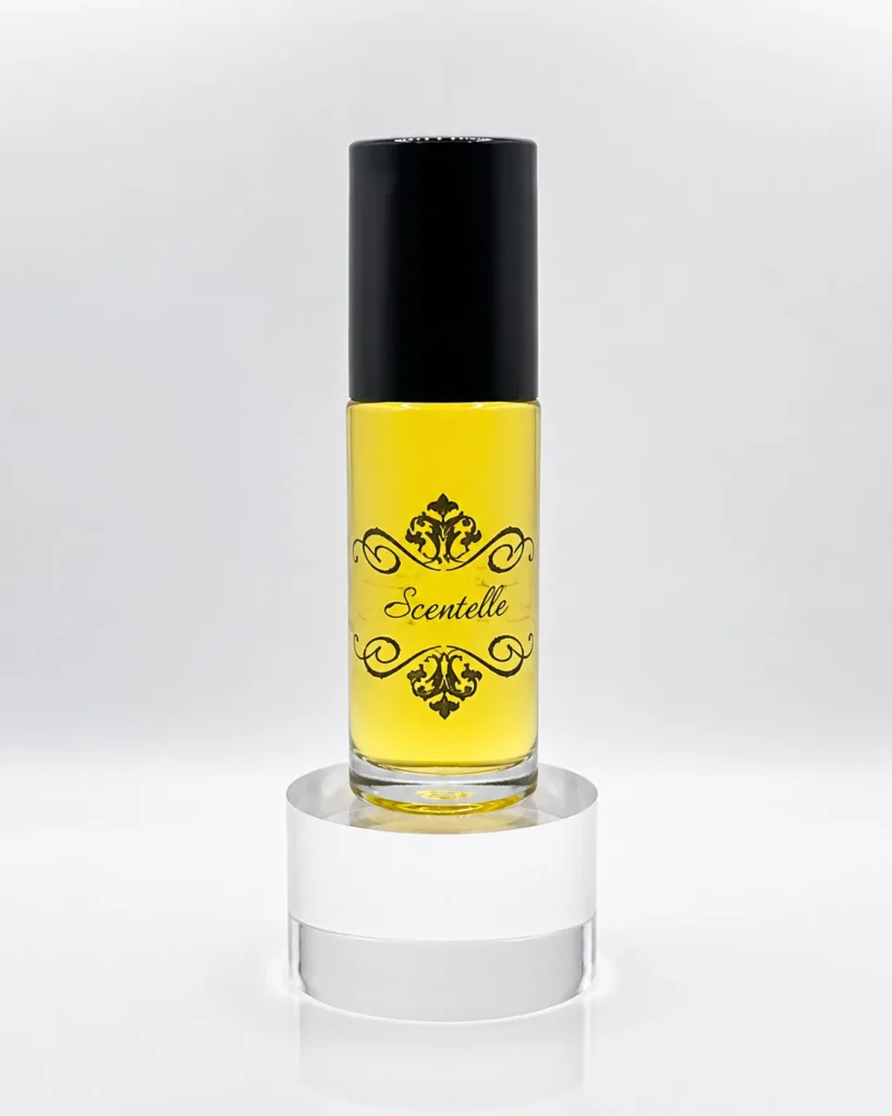 Scentelle 1 oz roll-on perfumed body oil in a thick glass bottle with yellow liquid, a black cap, and an ornate logo.