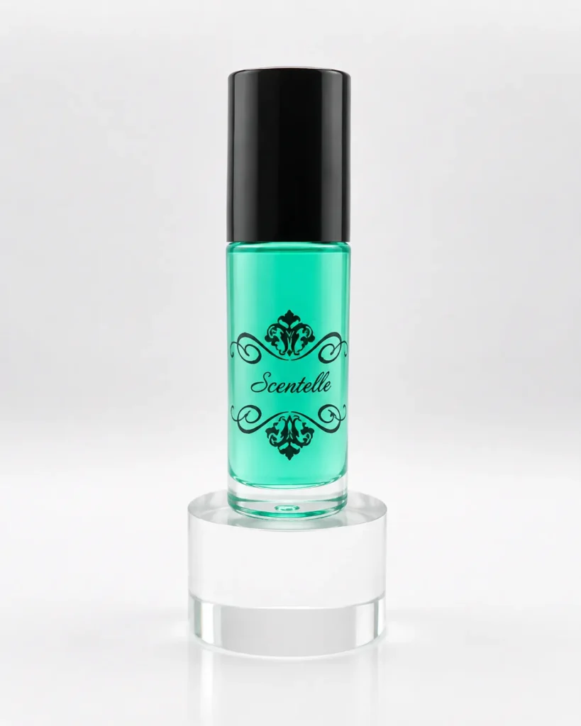 Scentelle 1 oz roll-on perfumed body oil in a thick glass bottle with green liquid, a black cap, and an ornate logo.