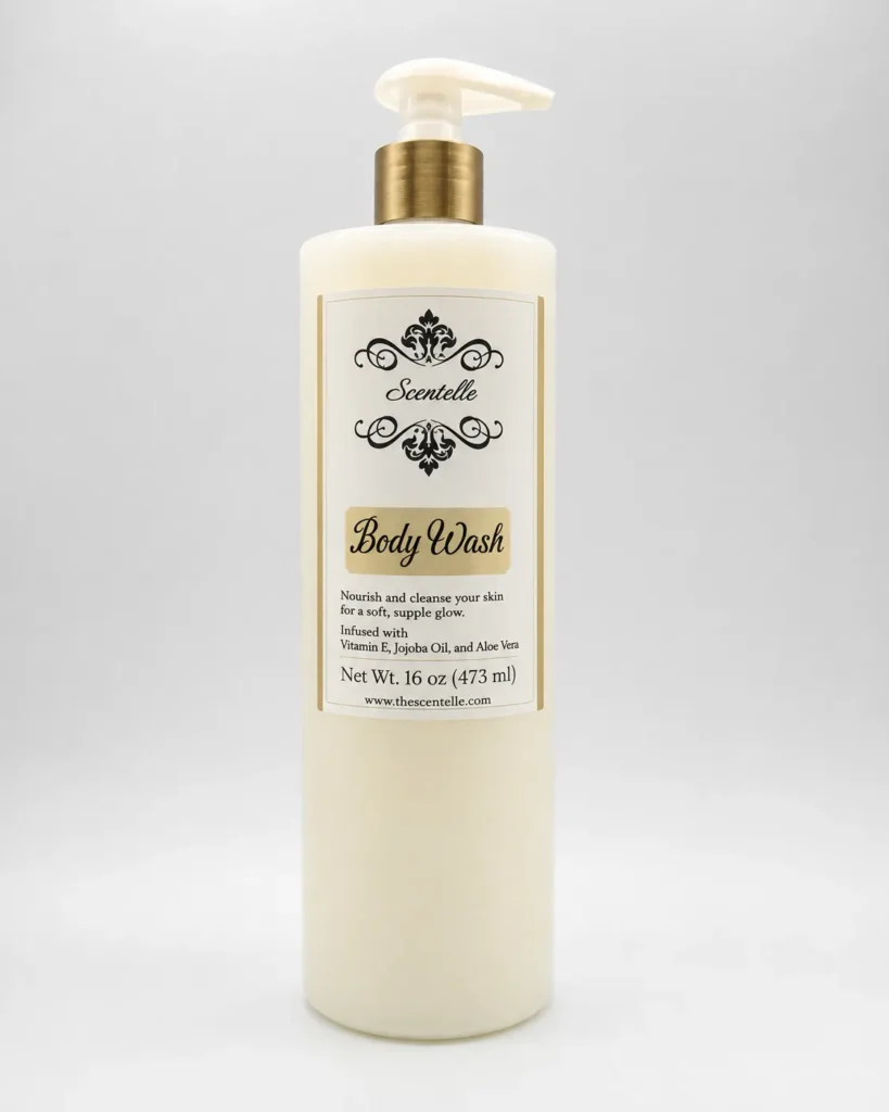 Scentelle 16 oz scented body wash in a large plastic bottle with a gold and white pump dispenser.