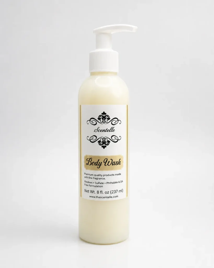 Scentelle 8 oz scented body wash in a clear plastic bottle with a white pump dispenser.