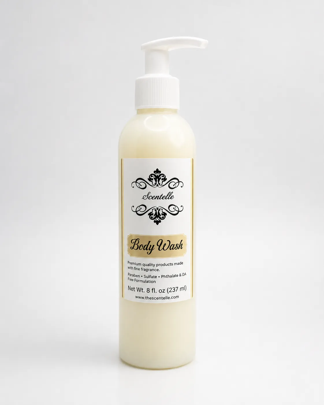 Scentelle 8 oz scented body wash in a clear plastic bottle with a white pump dispenser.