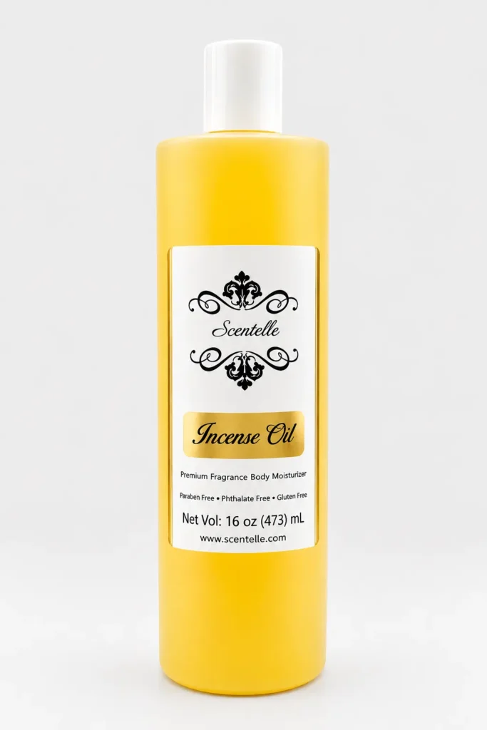 Scentelle 16 oz scented incense oil in an opaque plastic bottle with yellow liquid and a white flip cap.