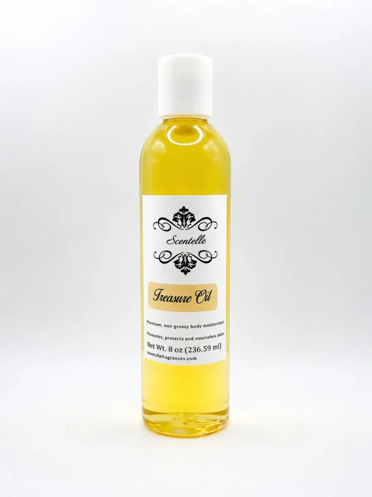 Scentelle 8 oz scented incense oil in a clear plastic bottle with yellow liquid and a white flip cap.