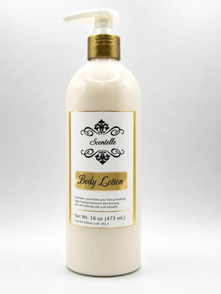 Scentelle 16 oz scented body lotion in a large plastic bottle with a gold and white pump dispenser.