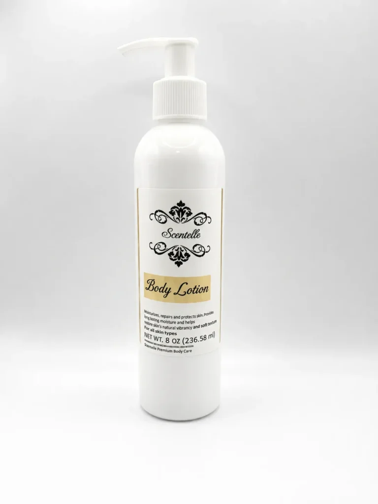 Scentelle 8 oz scented body lotion in a clear plastic bottle with a white pump dispenser.