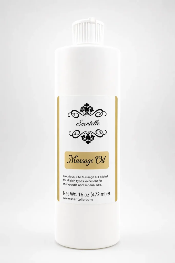 Scentelle 16 oz scented massage oil in an opaque white plastic bottle with a white flip cap.