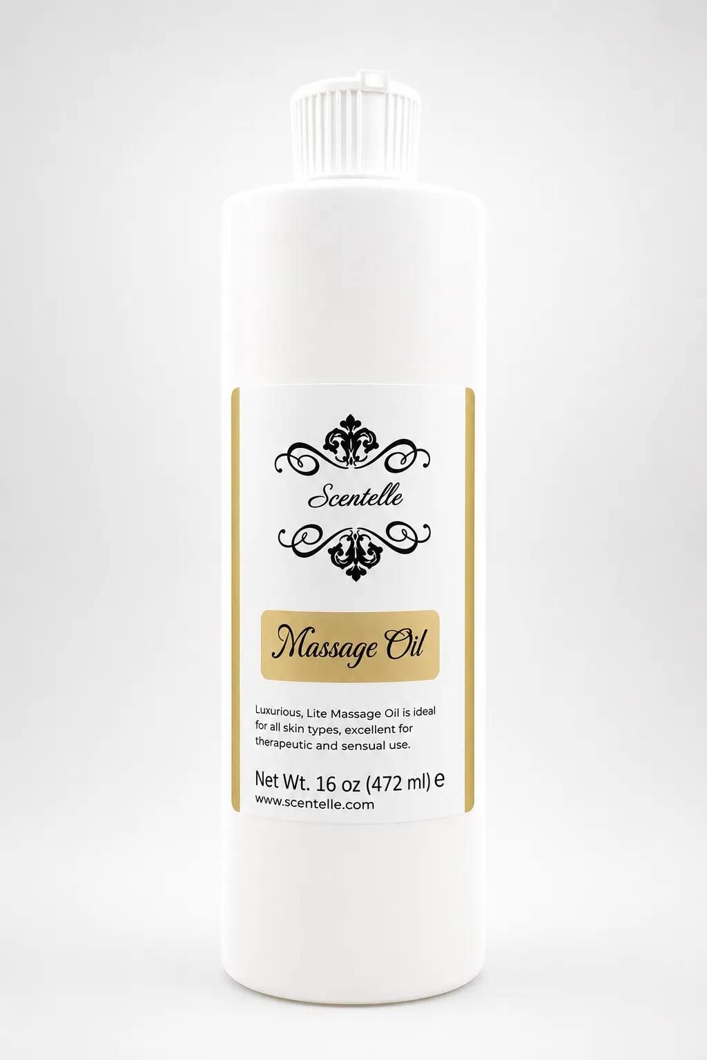 Scentelle 16 oz scented massage oil in an opaque white plastic bottle with a white flip cap.