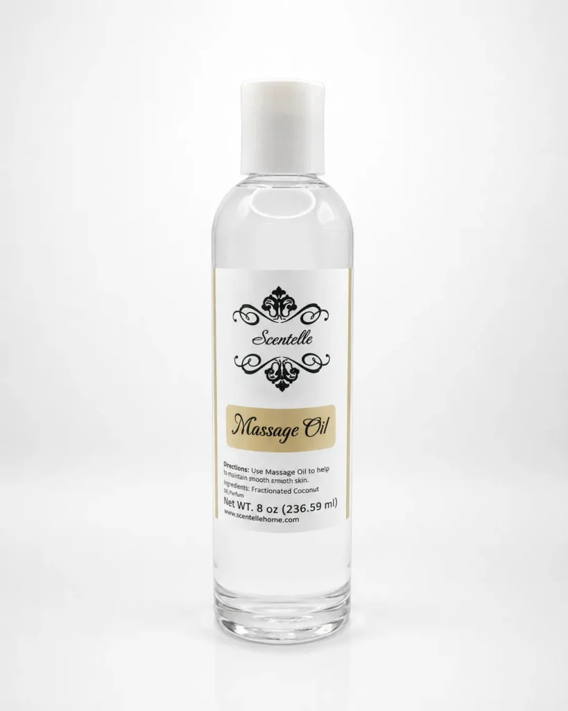 Scentelle 8 oz scented massage oil in a clear plastic bottle with a white flip cap.
