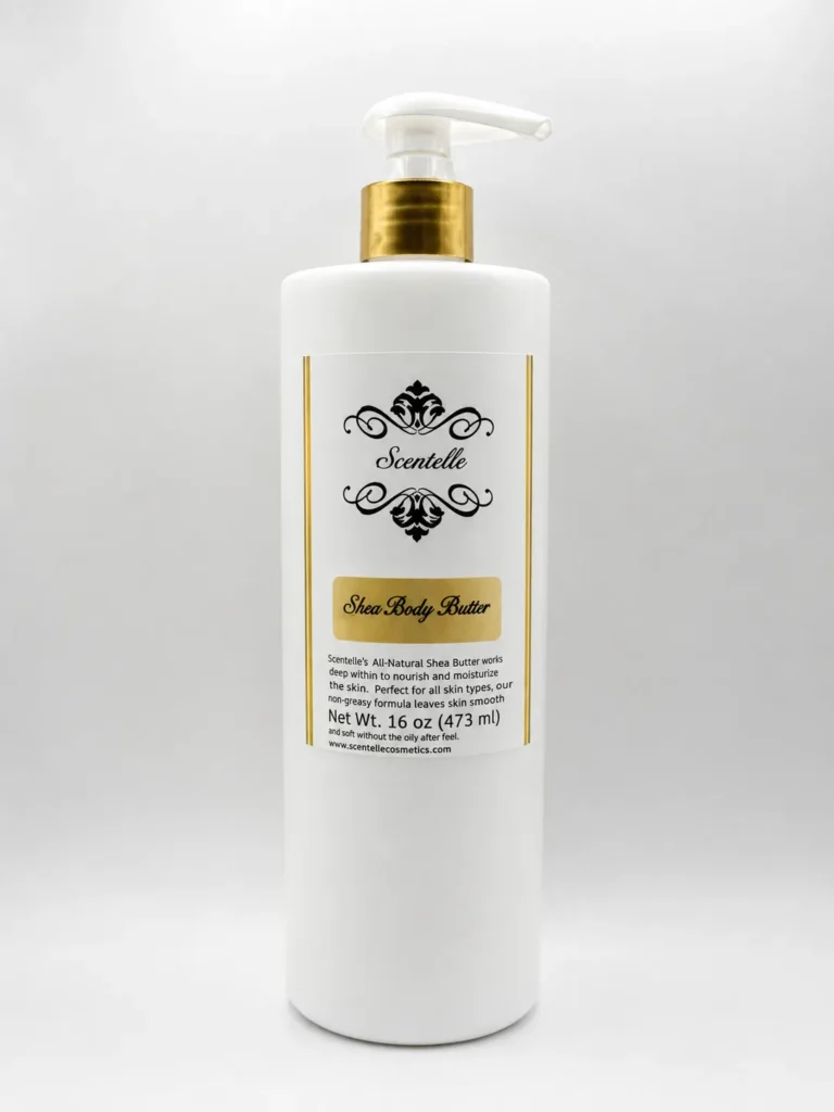 Scentelle 16 oz scented shea body butter in a large plastic bottle with a gold and white pump dispenser.