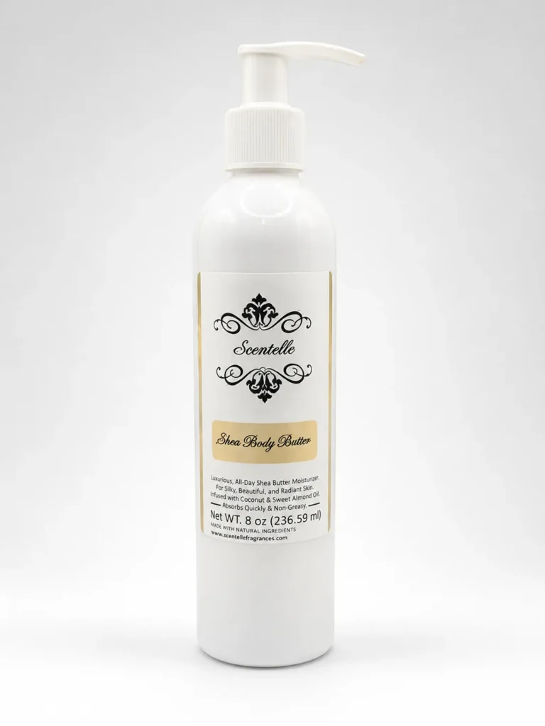 Scentelle 8 oz scented shea body butter in a clear plastic bottle with a white pump dispenser.
