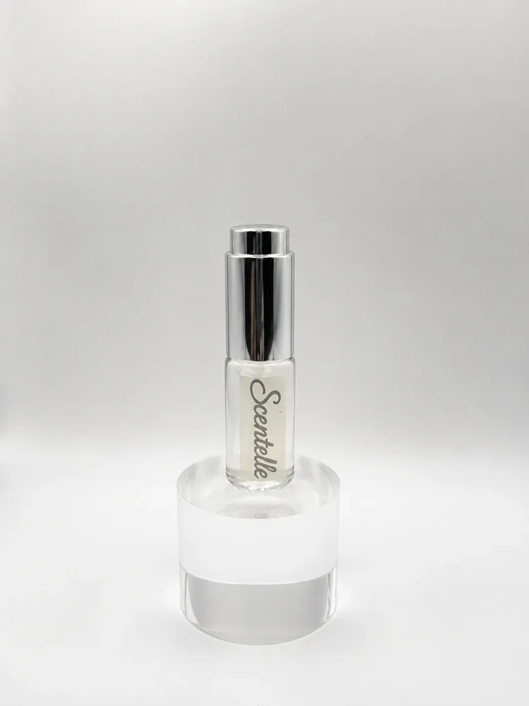 Scentelle 1/3 oz serum dropper body oil in a tall glass bottle with a metallic silver push-button cap.
