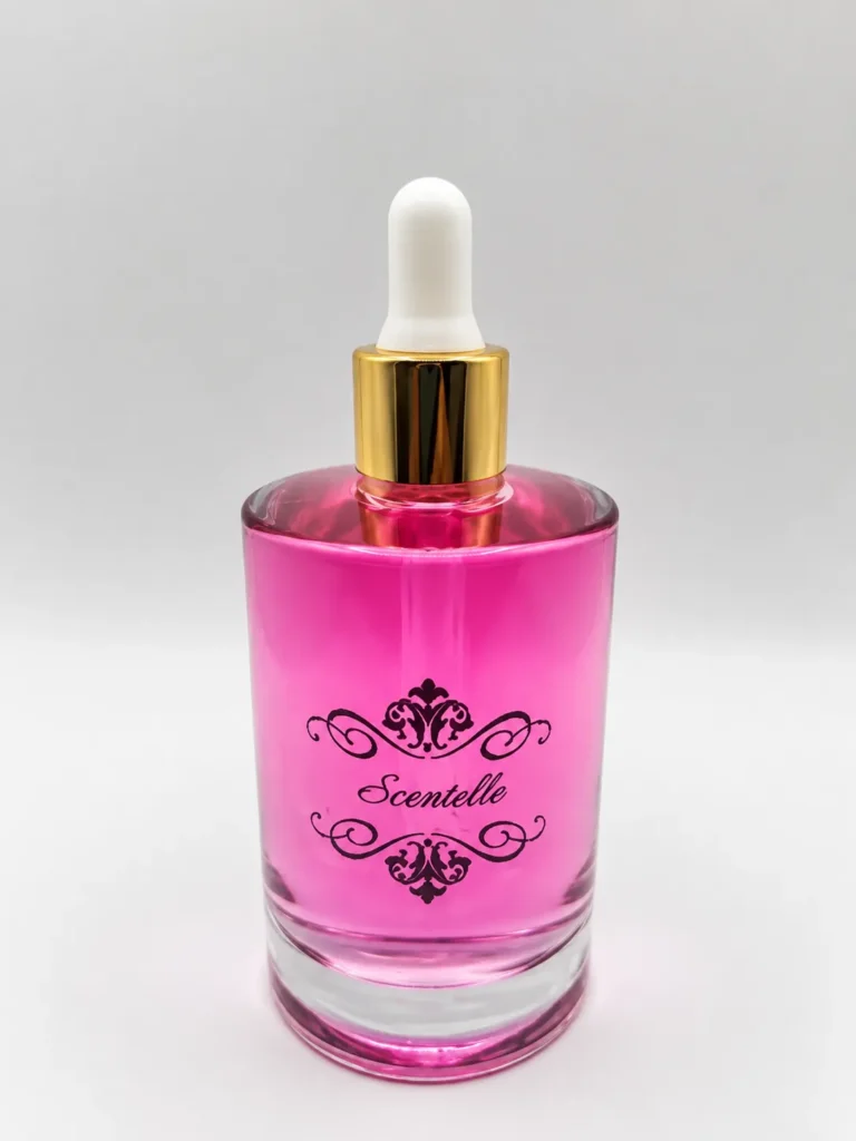 Scentelle 3.4 oz serum dropper body oil in a large glass bottle with pink liquid and a gold and white rubber dropper.
