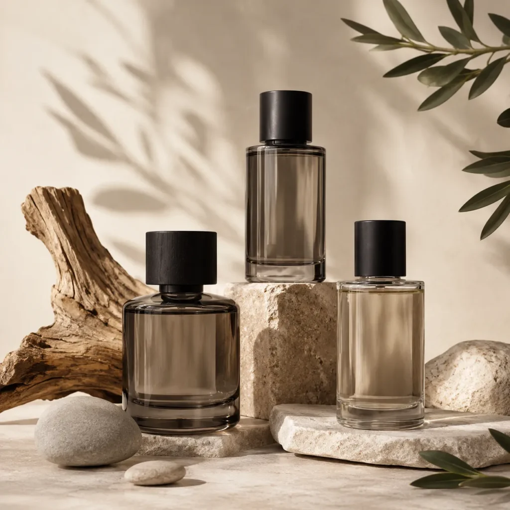 Three minimalist perfume bottles arranged on natural stone with driftwood, olive branches, and soft neutral lighting.
